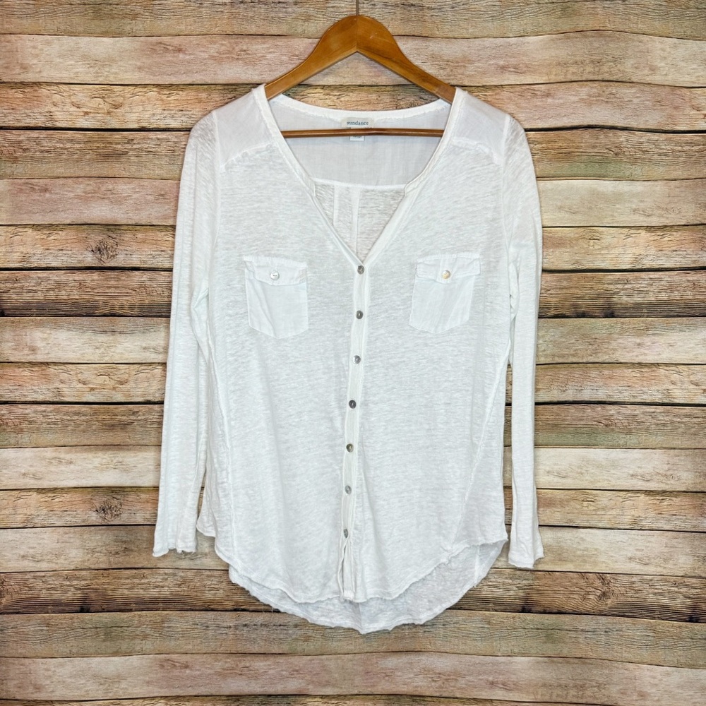 Sundance Linen Coastland Semi Sheer Button Down Pocket Top Size Small - Picture 1 of 8